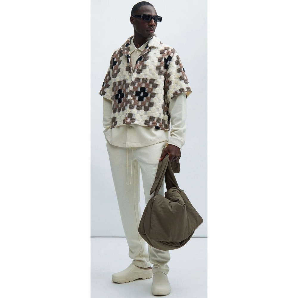 Mens Textured Checkered Knit Short Sleeve Button Up Shirt Brown Cream Black
